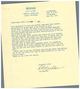 Letter from Mr. R. H. Machlan to Congressman James R. Jones regarding gun control, May 1, 1976