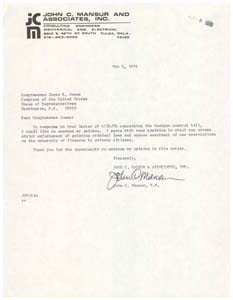 Letter from Mr. John C. Mansur, P.E. to Congressman James R. Jones regarding gun control, May 5, 1976