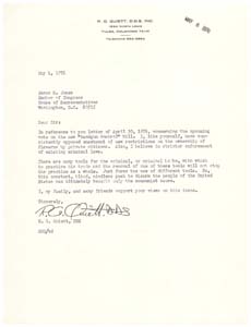 Letter from Mr. R. G. Quiett to Congressman James R. Jones regarding gun control, May 4, 1976