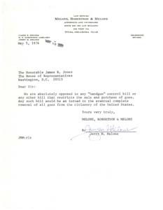 Letter from Mr. Jerry M. Melone to Congressman James R. Jones regarding gun control, May 5, 1976