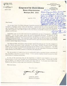 Letter from Mr. H. L. Lawler to Congressman James R. Jones regarding gun control, April 30, 1976 - May 3, 1976