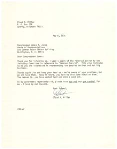 Letter from Mr. Claud R. Miller to Congressman James R. Jones regarding gun control, May 6, 1976