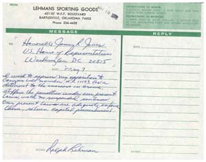 Letter from Mr. Ralph Rehmon to Congressman James R. Jones regarding gun control, May 7, 1976