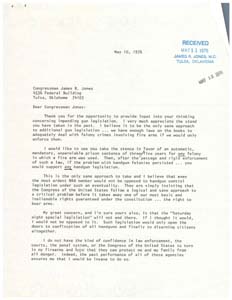 Letter from Mr. Charles H. Adams to Congressman James R. Jones regarding gun control, May 10, 1976