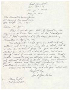 Letter from Mr. and Mrs. Brad and Jean Baker to Congressman James R. Jones regarding gun control, May 15, 1976