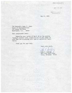 Letter from Mr. John F. Godfrey to Congressman James R. Jones regarding gun control, May 21, 1976