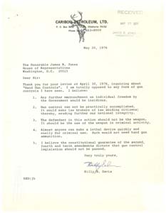 Letter and attached newspaper clippings from Mr. Billy E. Davis to Congressman James R. Jones regarding gun control, May 20, 1976