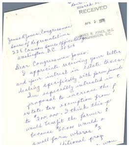 Letter from Mr. and Mrs. Walter Linsenmeyer to Congressman James R. Jones regarding the potential elimination of the estate tax, March 31, 1976