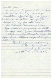 Letter from Ms. Agnes Jackson to Congressman James R. Jones regarding legislative issues, May 6, 1976