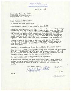 Letter from Mr. Herbert W. Scott to Congressman James R. Jones regarding legislative issues, April 27, 1976