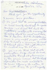 Letter from Mr. and Mrs. Elmer E. Seaton to Congressman James R. Jones regarding legislative issues, April 26, 1976