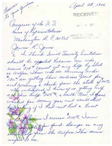 Letter from Violet R. Shaw to Congressman James R. Jones regarding legislative issues, April 28, 1976