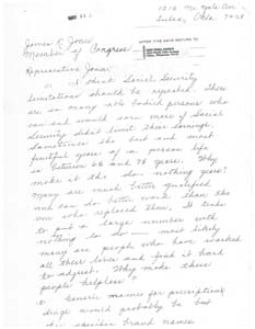 Letter from Miss Nora Mahan to Congressman James R. Jones regarding legislative issues, May 14, 1976