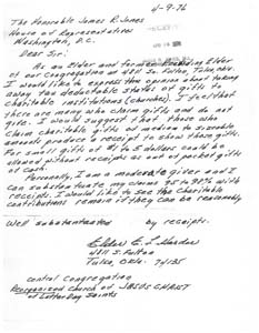 Letter from Elder E. L. Harder to Congressman James R. Jones regarding potential changes to tax laws, April 9, 1976