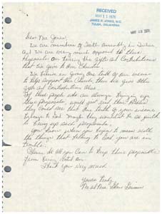 Letter from Mr. and Mrs. Glen [Grimes?] to Congressman James R. Jones regarding potential changes to tax laws, May 11, 1976