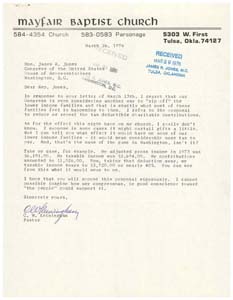Letter from Rev. C. W. Keiningham to Congressman James R. Jones regarding potential changes to tax laws, March 26, 1976
