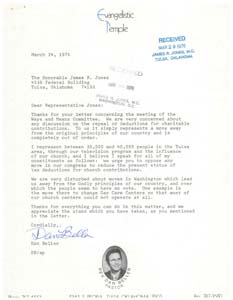 Letter from Rev. Dan Beller to Congressman James R. Jones regarding potential changes to tax laws, March 24, 1976