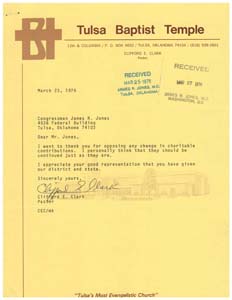 Letter from Rev. Clifford E. Clark to Congressman James R. Jones regarding potential changes to tax laws, March 23, 1976