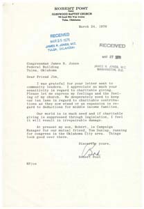 Letter from Rev. Robert Post to Congressman James R. Jones regarding potential changes to tax laws, March 24, 1976