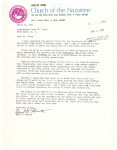 Letter from Rev. Earl D. Hunter to Congressman James R. Jones regarding potential changes to tax laws, March 25, 1976