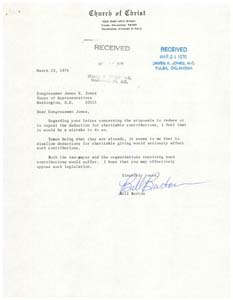 Letter from Rev. Bill Burton to Congressman James R. Jones regarding potential changes to tax laws, March 23, 1976