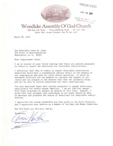 Letter from Rev. Armon Newburn to Congressman James R. Jones regarding potential changes to tax laws, March 23, 1976