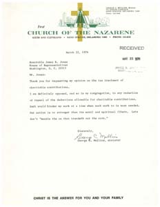Letter from Rev. George C. Mullins to Congressman James R. Jones regarding potential changes to tax laws, March 22, 1976