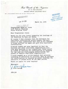 Letter from Rev. J. Doug Dawson to Congressman James R. Jones regarding potential changes to tax laws, March 19, 1976