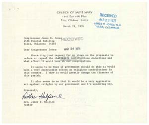 Letter from Rev. James F. Halpine to Congressman James R. Jones regarding potential changes to tax laws, March 19, 1976
