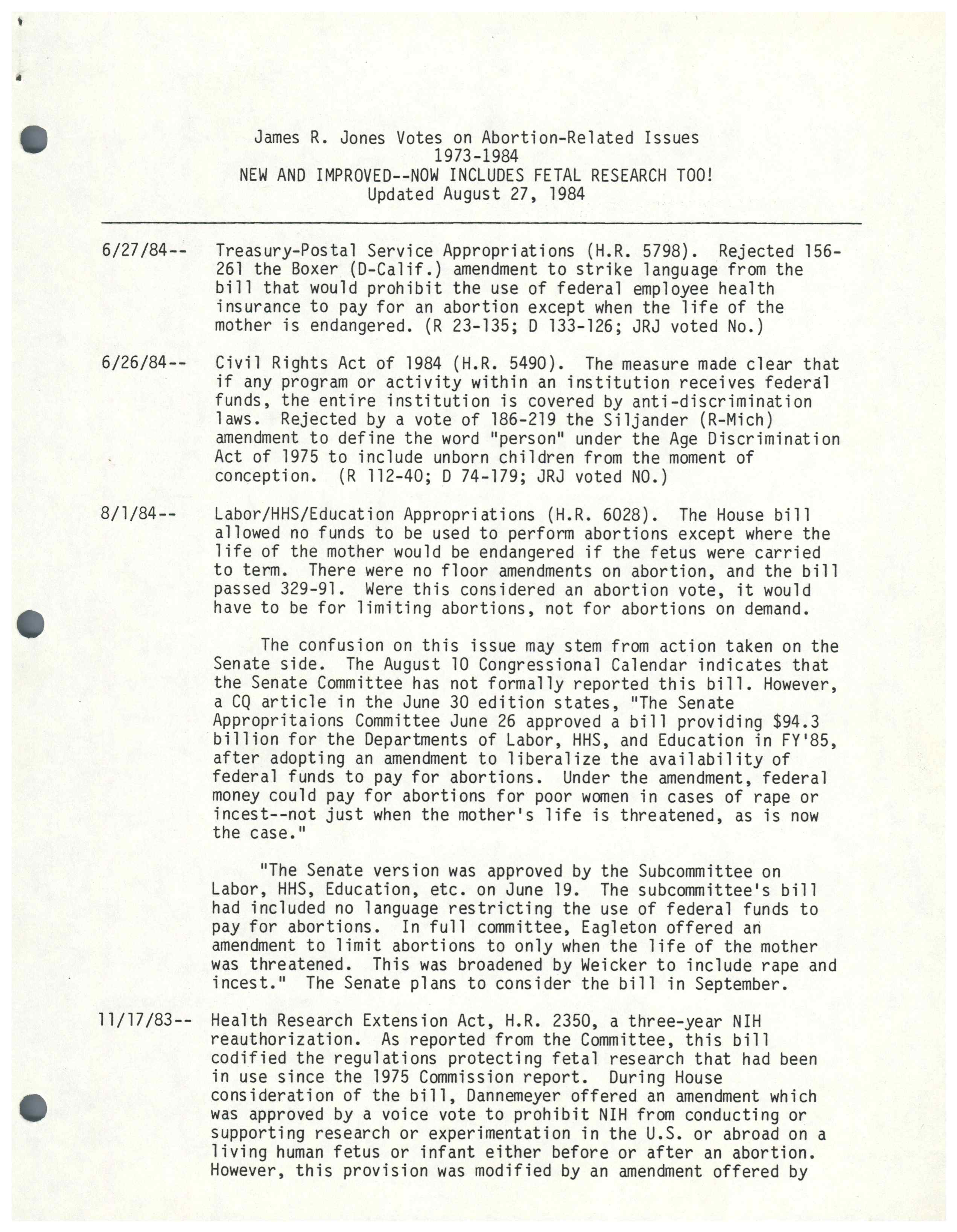 James R. Jones Votes on Abortion-Related Issues 1973-1984, August 27, 1984
