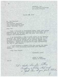 Correspondence between Mr. Ted Sherwood and Congressman James R. Jones Regarding Jones' Re-Election Campaign, August 18, 1976 - August 30, 1976