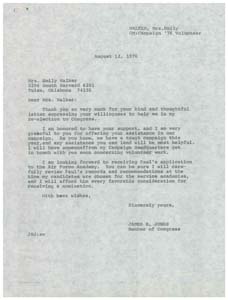 Correspondence between Mrs. Emily Walker and Congressman James R. Jones Regarding Jones' Re-Election Campaign, July 31, 1976 - August 12, 1976