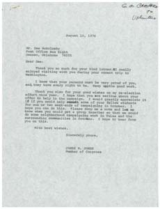 Correspondence between Mr. Dee Sokolosky and Congressman James R. Jones, August 6, 1976 - August 10, 1976
