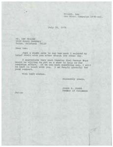 Letter from Congressman James R. Jones to Mr. Lew Miller, 1976-07-20