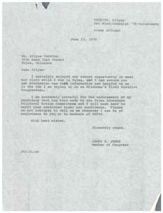 Correspondence between Ms. Allyne Verkins and Congressman James R. Jones, June 12, 1976 - June 23, 1976