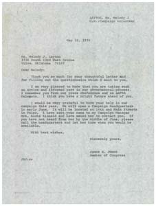 Correspondence between Congressman James R. Jones and Ms. Melody J. Layton, April 28, 1976 - May 10, 1976