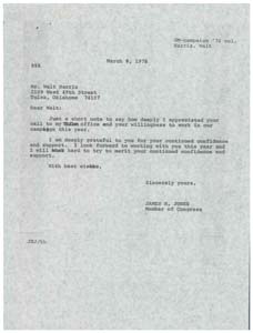 Letter from Congressman James R. Jones to Mr. Walt Harris, March 8, 1976