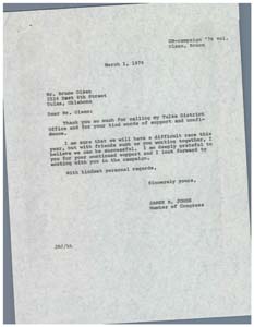 Letter from Congressman James R. Jones to Mr. Bruce Olsen, March 1, 1976