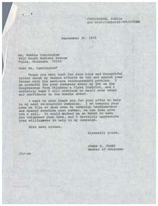 Correspondence between Congressman James R. Jones and Ms. Robbie Cunningham, September 19, 1975 - September 30, 1975