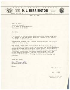 Letter from Mr. Don L. Herrington to Congressman James R. Jones regarding real estate-specific issues facing Congress, April 28, 1976