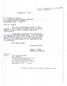 Letters Between Congressman James R. Jones and Mr. Stephen K. Galpin Regarding Campaign Support, 1975-10-07 - 1975-11-17