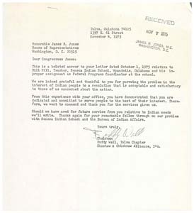 Letter from Mr. Buddy Wall to Congressman James R. Jones Regarding Assistance, 1975-11-04