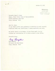 Letter from Ms. Faye Langston to Congressman James R. Jones Regarding Assistance , 1975-10-16