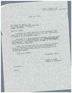 Correspondence from Congressman James R. Jones to Mr. James T. Perry, M.D., Regarding a Phone Call, 1976-07-27