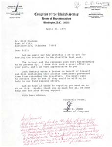 Letter from Congressman James R. Jones to Mr. Bill Doenges Regarding a Fundraising Breakfast Hosted by Mr. Doenges , 1976-04-27