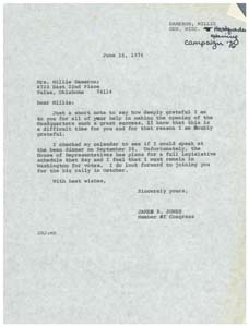 Letter from Congressman James R. Jones to Mrs. Millie Dameron regarding Congressman Jones' Campaign Headquarters , 1976-06-16