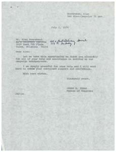 Letter from Congressman James R. Jones to Mr. Alan Morehead Regarding Congressman Jones' Campaign Headquarters , 1976-07-01