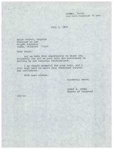 Letter from Congressman James R. Jones to Mr. Ralph Grabel, Esquire, Regarding Congressman Jones' Campaign Headquarters , 1976-07-01