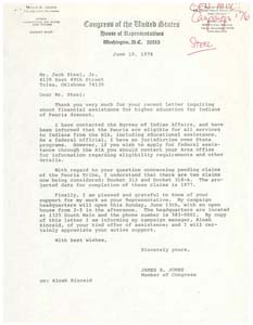Letters Between Congressman James R. Jones and Mr. Jack Steel, Jr. Regarding Financial Assistance for Higher Education for Native Americans of Peoria Descent, 1976-06-05 - 1976-06-10