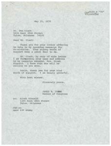 Correspondence Between Mr. Don Clark and Congressman James R. Jones Regarding Mr. Clark's Offer of Assistance for Re-Election Campaign, 1976-05-09 - 1976-05-25